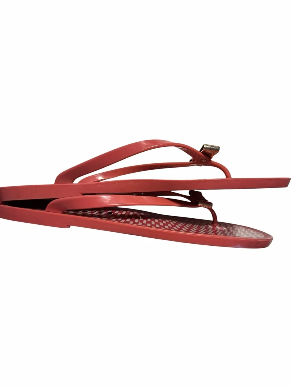 COACH Landon Jelly Flip Flops Coral with Gold Color Accent Bow Sz 8.5